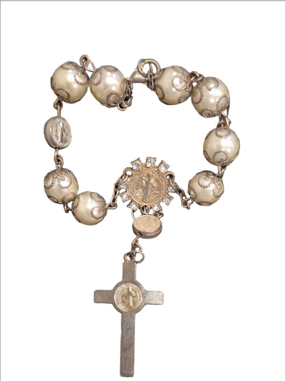 Vintage Gold Saint Benedict Rosary Bracelet Ornate Cream Beads